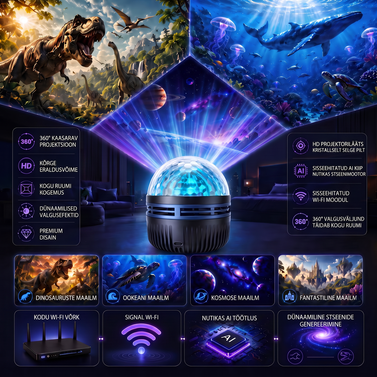Ametlik pood | 🦖🌌 SCNDR® 360° nutikas holograafiline tähistaeva projektor (HD Smart Dynamic 5D)